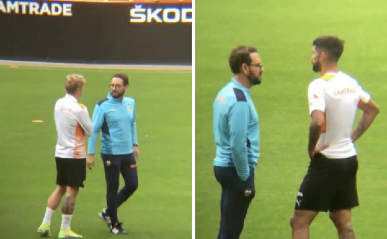 Bordalás charla con Wass y Alderete durante el entrenamiento en Mestalla.