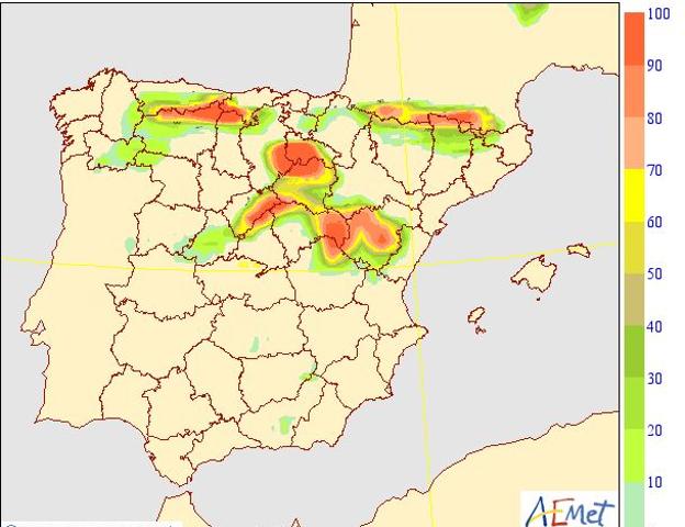 Probabilidad de nieve de 2 mm el jueves 25 de noviembre. 