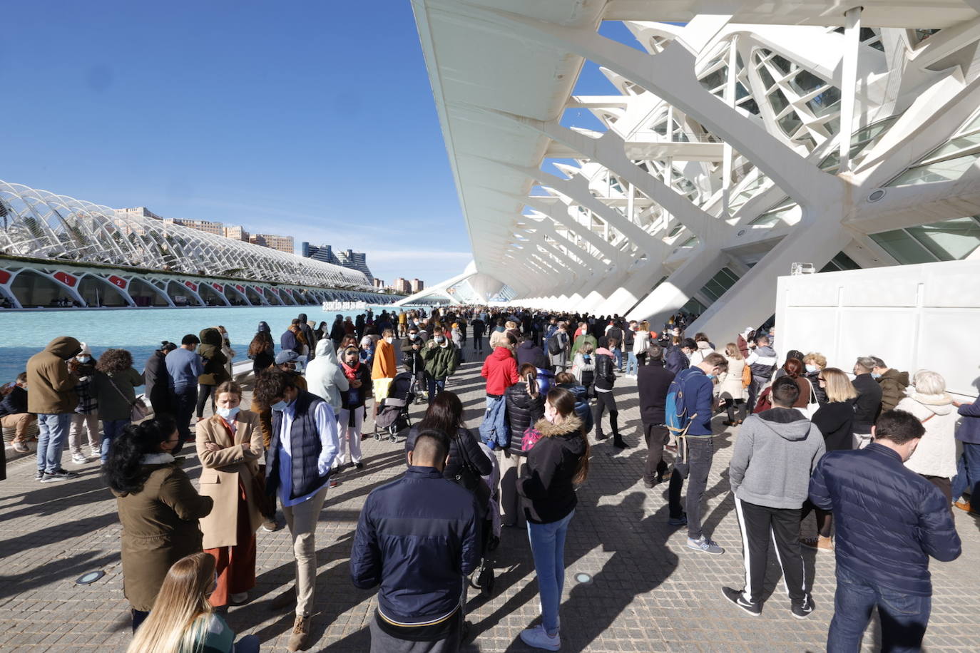 Cientos de personas han hecho cola este viernes por la mañana para vacunarse en el punto de vacunación móvil instalado en la Ciudad de las Artes y las Ciencias con motivo del Maratón Valencia. El interés por obtener el pasaporte Covid para viajar o acceder a negocios hosteleros y las demoras para tener cita en Atención Primaria ha disparado la asistencia. 