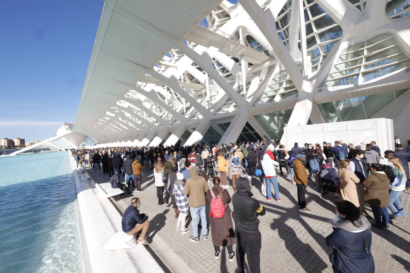 Cientos de personas han hecho cola este viernes por la mañana para vacunarse en el punto de vacunación móvil instalado en la Ciudad de las Artes y las Ciencias con motivo del Maratón Valencia. El interés por obtener el pasaporte Covid para viajar o acceder a negocios hosteleros y las demoras para tener cita en Atención Primaria ha disparado la asistencia. 