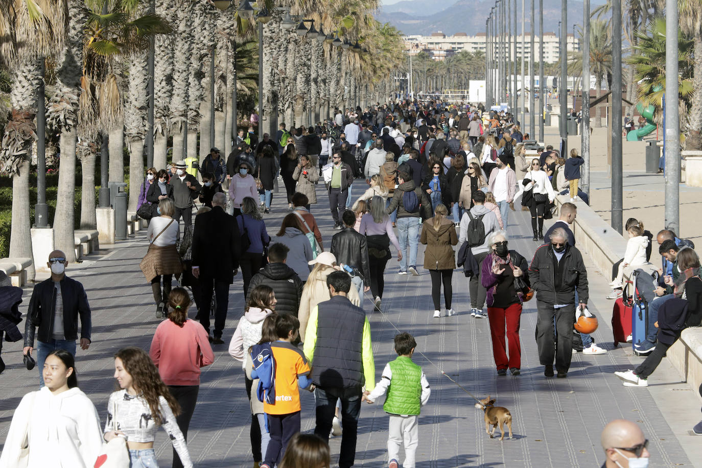 El sol y las buenas temperaturas animan a salir a la calle tanto en el centro de la ciudad como en el paseo marítimo. La hostelería valenciana comienza a pedir el pasaporte Covid, las terrazas se llenan de clientes y cualquier punto de la capital es bueno para pasear.