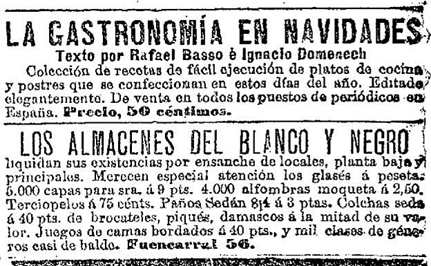 Anuncio de 'La Gastronomía en Navidades' en 'El Imparcial', 26 de noviembre de 1900. 
