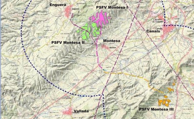 Mapa donde la promotora tiene previstos los tres proyectos de plantas fotovoltaicas y  las líneas de alta tensión. 