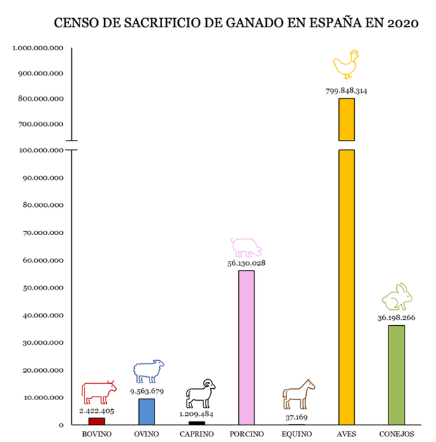 Cabezas de ganado sacrificadas en España en el pasado año. 