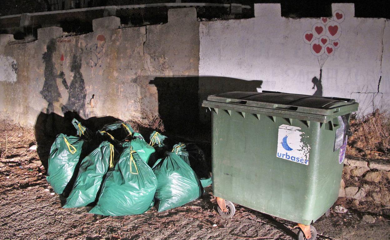 Bolsas dejadas fuera de un contenedor de basura en la zona de Les Rotes. 