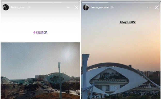 Imagen de las historias en Instagram de las actrices Belén Cuesta e Irene Escolar, donde muestran su admiración por el edificio diseñado por Santiago Calatrava. 