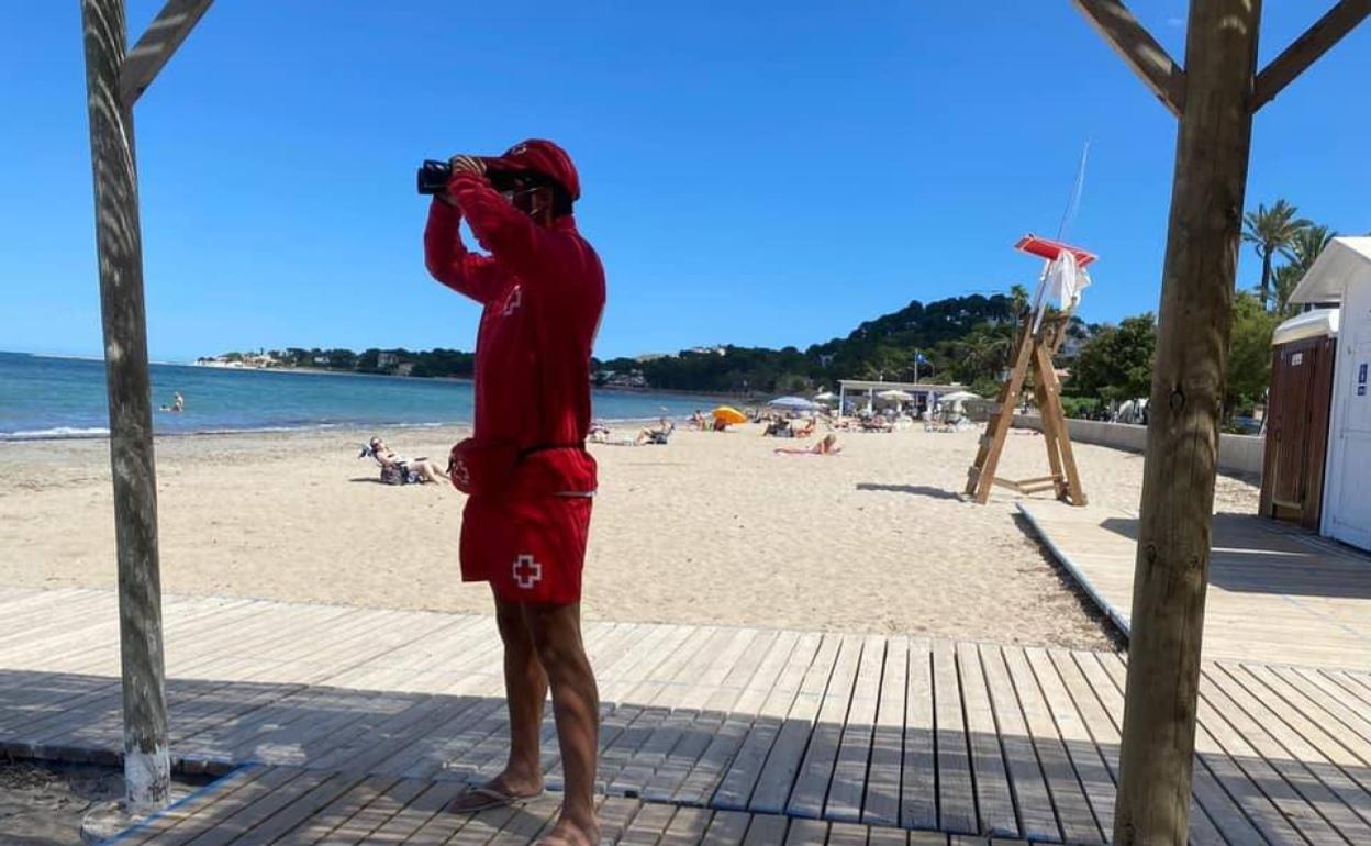 Un socorrista de Cruz Roja vigilando el litoral de Dénia este verano. 