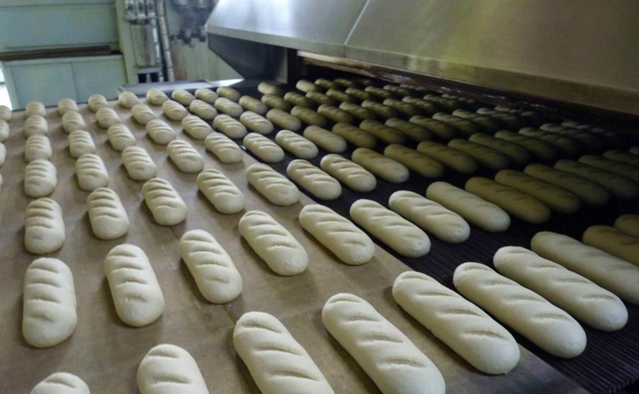 Bandejas de pan en una fábrica. 