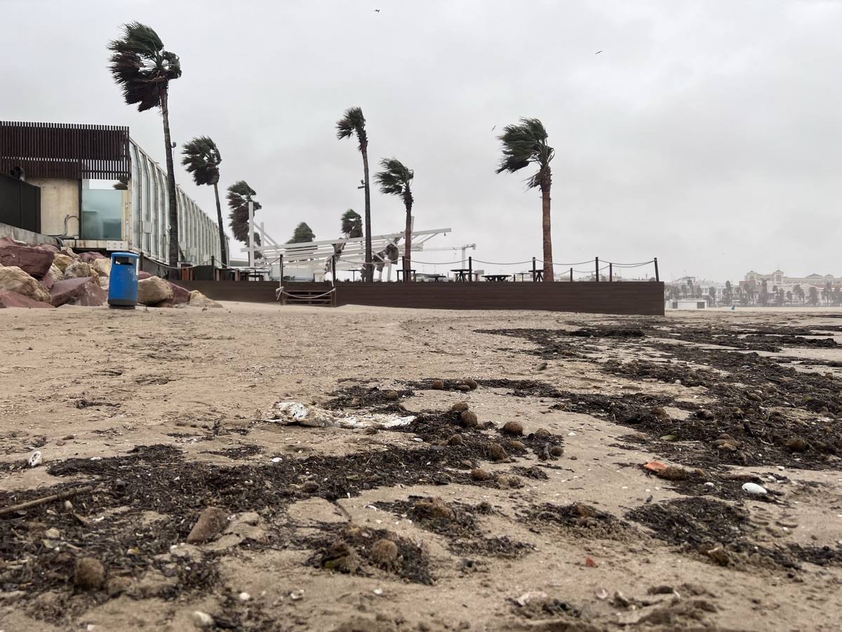 El paseo marítimo se ha llenado de arena por el temporal de viento en Valencia este 15 demarzo. 