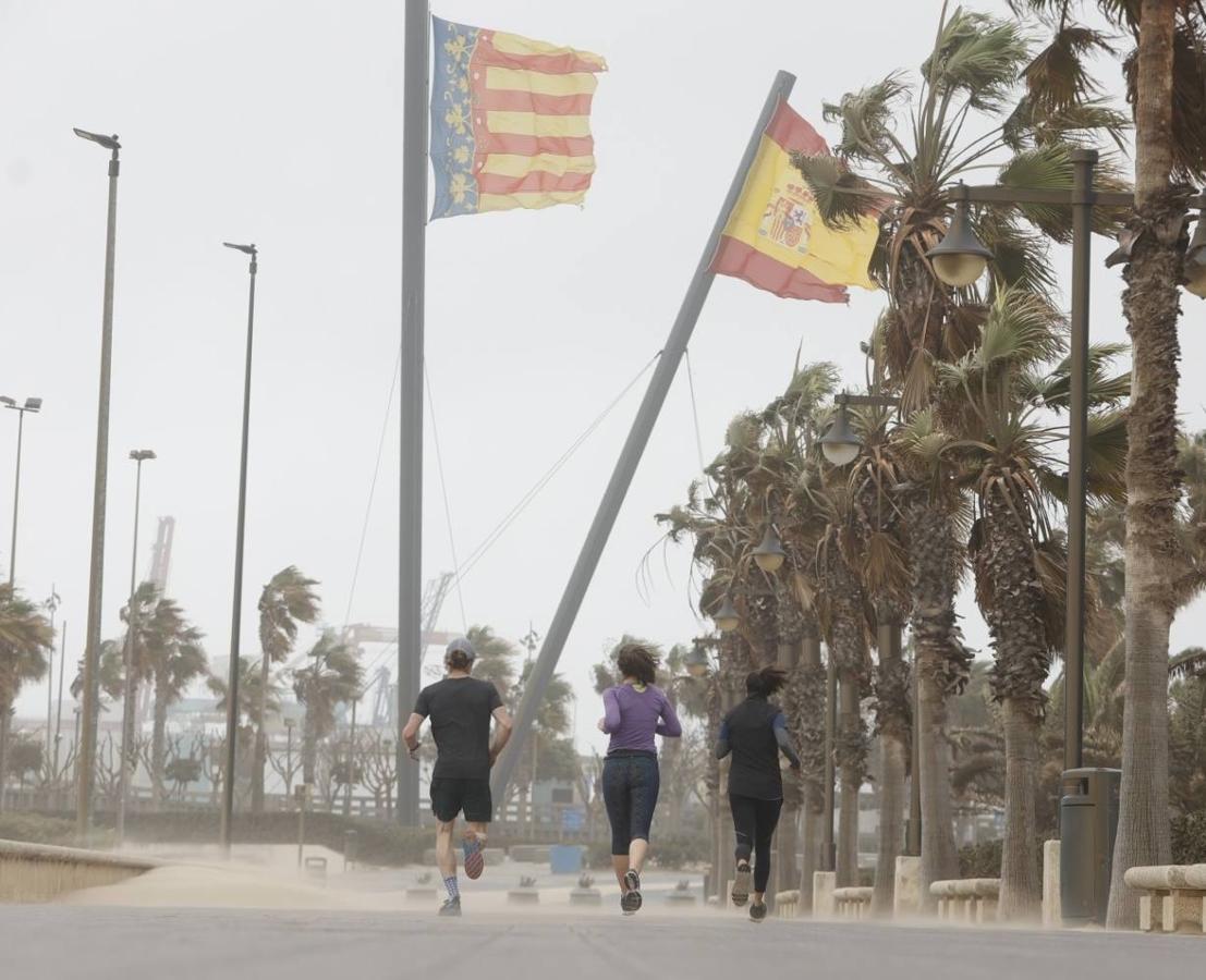 El paseo marítimo se ha llenado de arena por el temporal de viento en Valencia este 15 demarzo. 