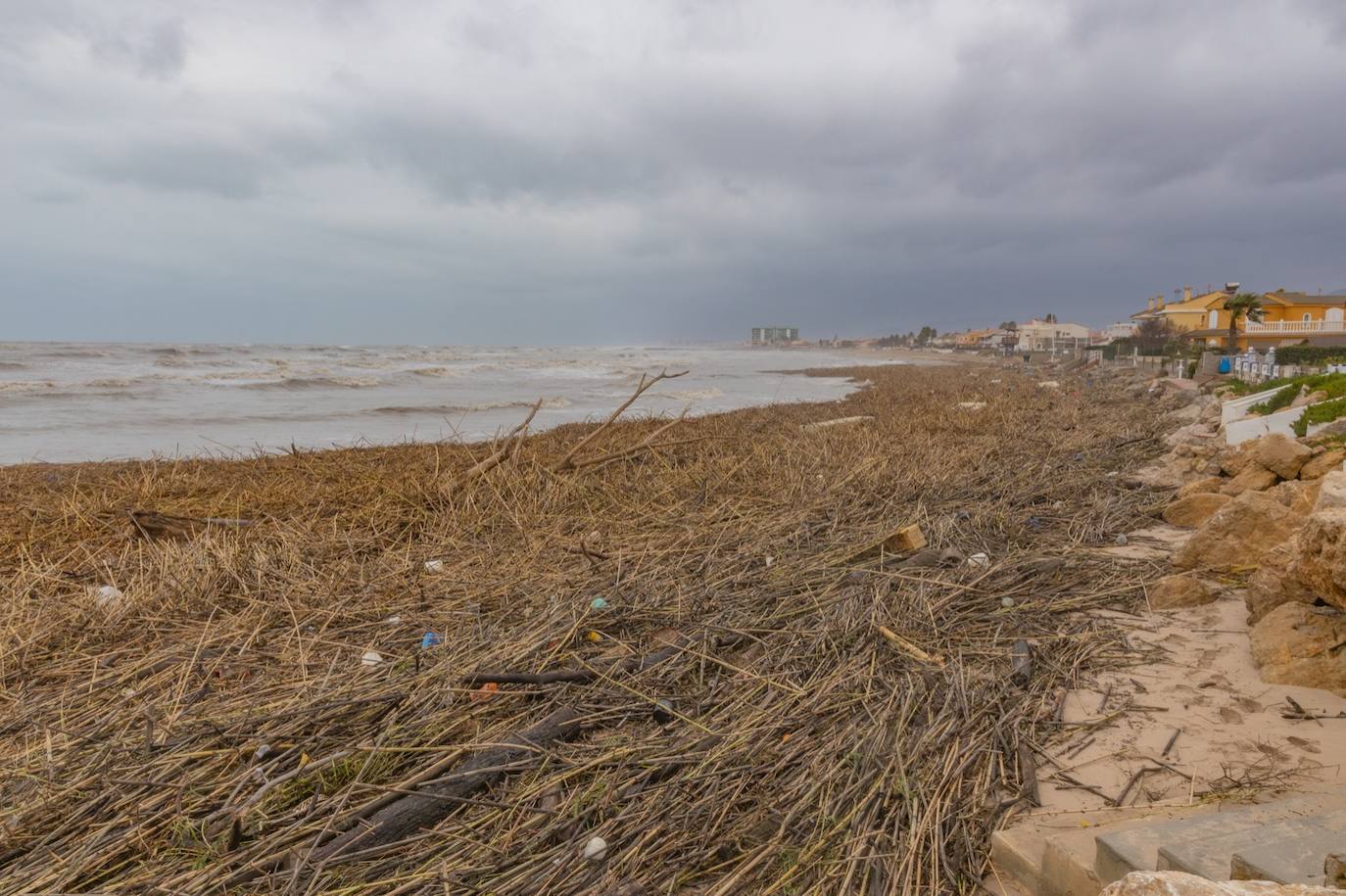 Río Júcar a su paso por Cullera y desembocadura en la playa repleta de cañas.