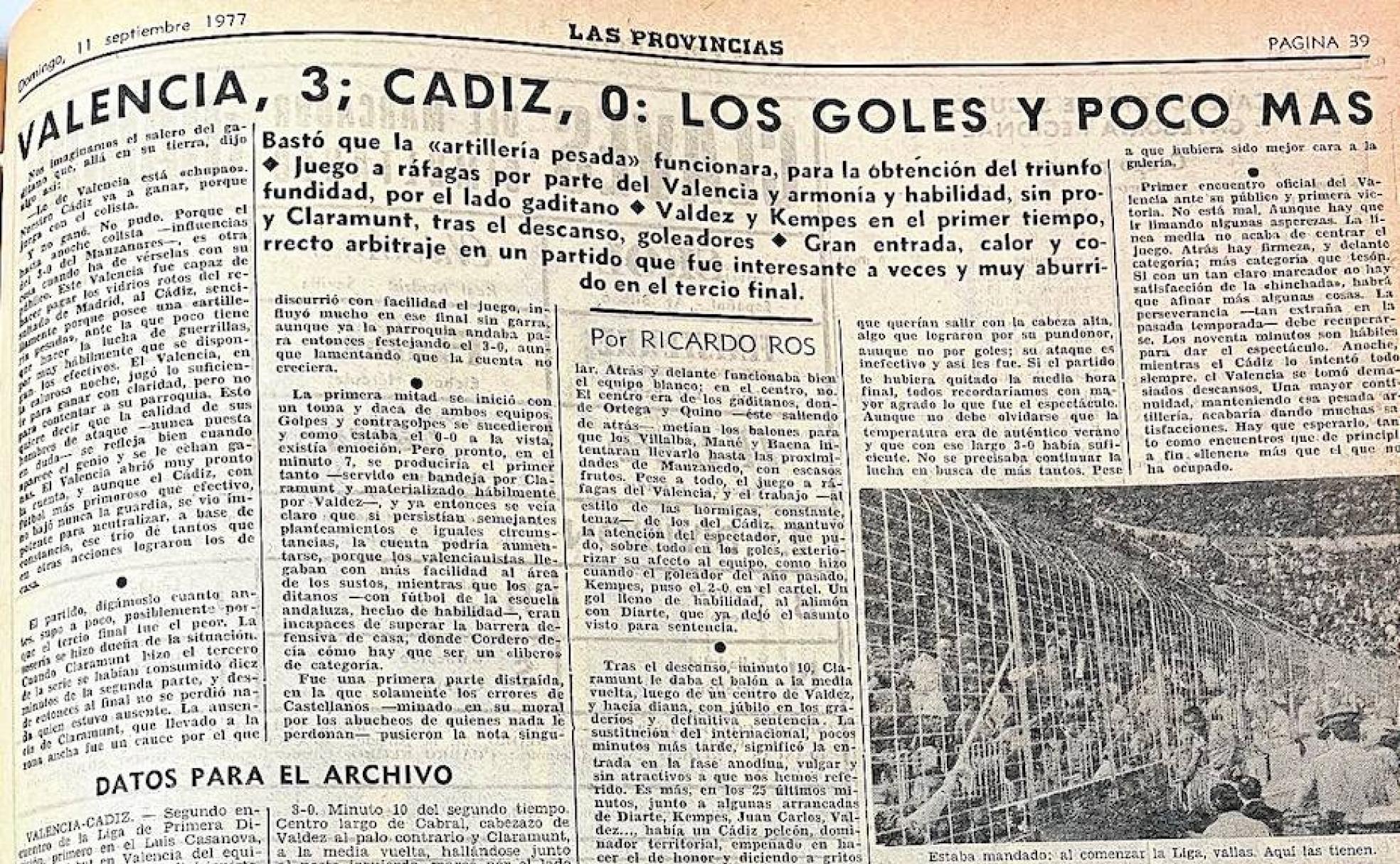 Así reflejaba la crónica de LAS PROVINCIAS el primer partido liguero en Mestalla entre Valencia y Cádiz