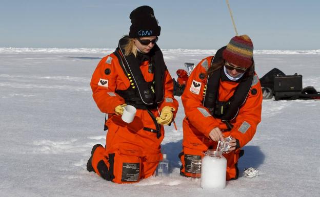 Investigadores recogen muestras de nieve, que en el Ärtico está ya contaminada con microplásticos.