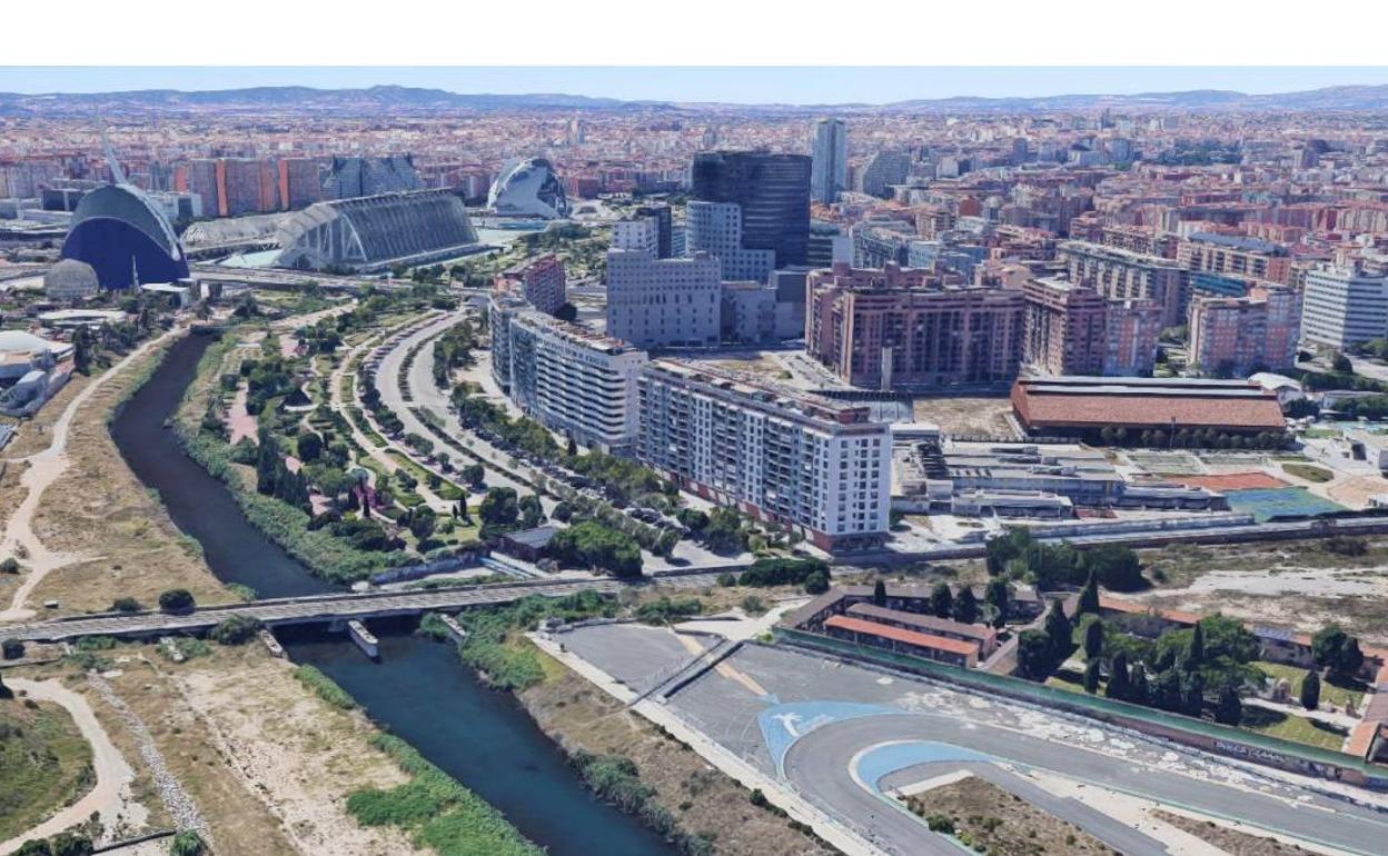 Extremo oeste del sector del Grao, con el puente del ferrocarril de frontera con la Alameda. 