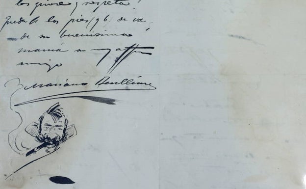 Dibujo y nota manuscrita con la firma de Mariano Benlliure. 