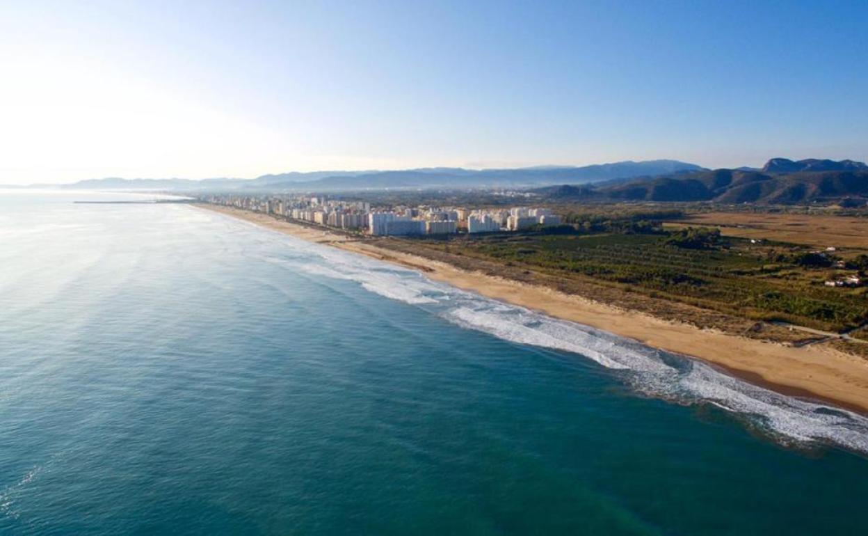 Tramo de costa virgen de Gandia, playa de l'Auir, al fondo la playa Nord, el tramo urbano. 