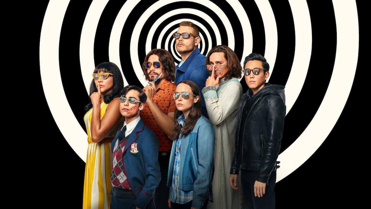 'The Umbrella Academy' | Plataforma: Netflix. Estreno: 3ª temporada el 22 de junio. Sinopsis: La muerte de su padre reúne a unos hermanos distanciados y con extraordinarios poderes que descubren impactantes secretos y una amenaza que se cierne sobre la humanidad. Reparto: Elliot Page, Tom Hopper y David Castañeda, entre otros.