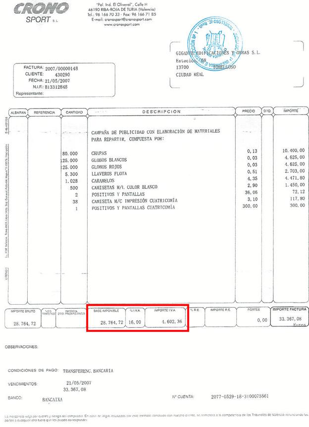 Factura a Cronosport por más de 33.000 euros.