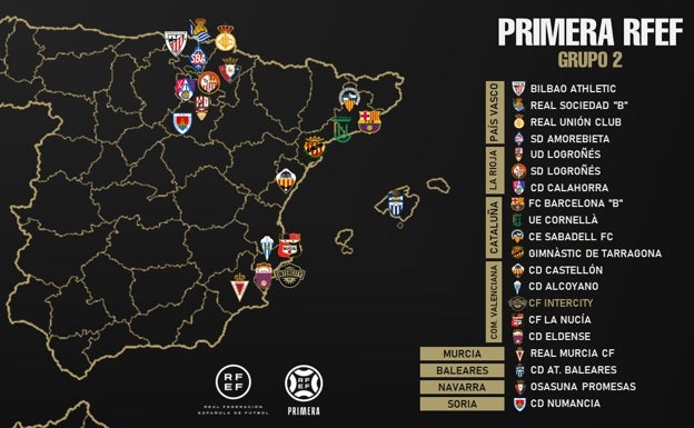 Mapa de los equipos del grupo II de 1ª RFEF. 