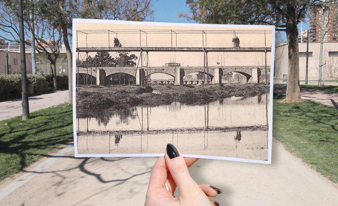 El Pont de Fusta, construido en 1892, sobre su versión actual, con más de 130 años entre ellas. 