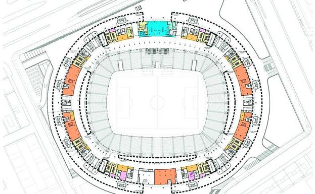 Nivel 0. Pódium. Propone ocho puntos de cambio con respecto a la anterior licencia, que básicamente son las escaleras de acceso a la grada baja. Además, se eliminan los palcos que había previstos junto a la grada. Una gran plaza rodea el estadio para dar acceso a todos los niveles. 