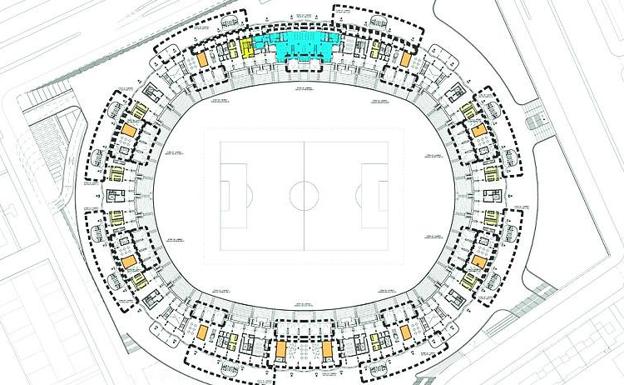 Nivel 1. Entreplanta. Aquí se ha previsto, en la zona oeste, la grada de presidencia. También se ha dibujado el Estadio Mediterráneo, un concepto de terrazas abiertas al terreno de juego que, según se dice, serían reversibles para en el futuro dar más localidades.