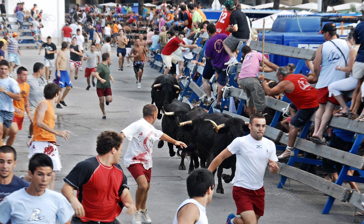 Varios participantes en un festejo de los bous al carrer, en Dénia. 