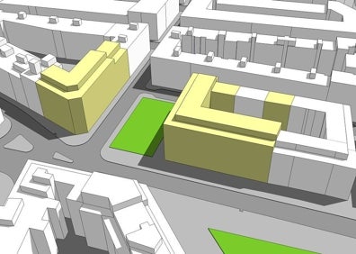 Imagen secundaria 1 - Imagen actual de las edificaciones y solares, detalle de cómo quedará y Sandra Gómez en la visita a las obras. 