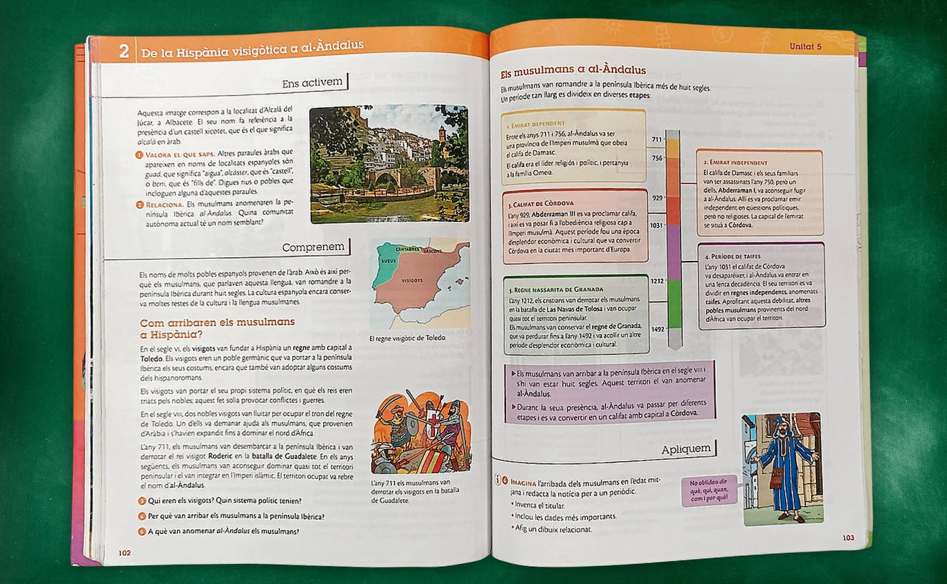 PRIMARIA. 5º CURSO. Al-Ándalus. Libro de Ciencias Sociales que dedica una unidad didáctica a la llegada de los musulmanes a la Península Ibérica y la formación de Al-Ándalus. No se concreta en el nuevo temario, más allá del bloque genérico sobre la Edad Media.