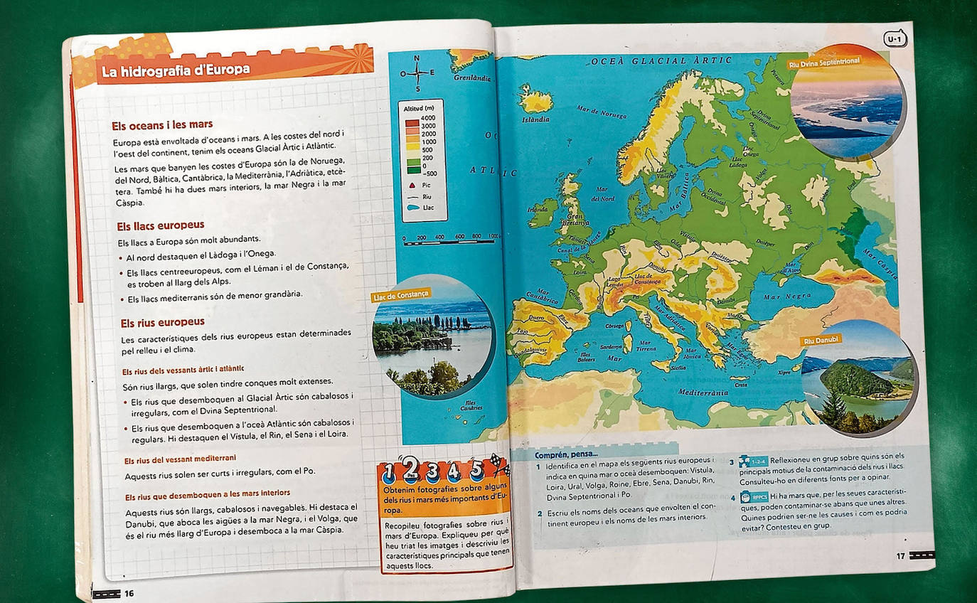 PRIMARIA. 6º CURSO. Hidrosfera en Europa. Libro de Ciencias Naturales con un tema dedicado a las principales masas de agua de Europa. Sucede lo mismo que los ríos, mares y océanos de la Península: a criterio del docente o habrá que esperar a que se aborden en la ESO. 