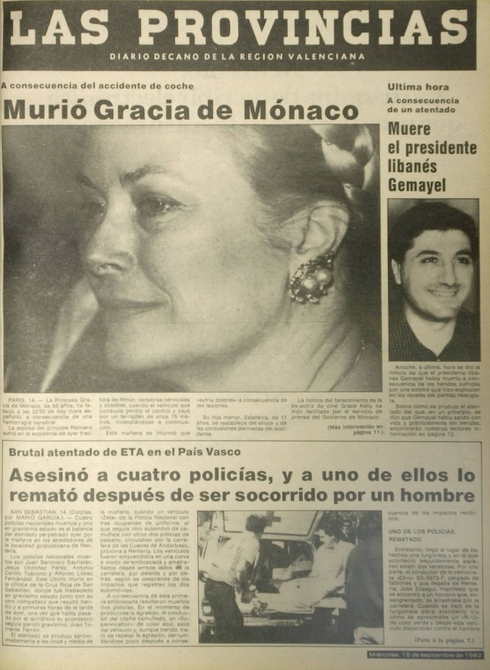 Portada de L AS PROVINCIAS del 14 de septiembre de 1982 anunciando el fallecimiento de Grace Kelly.