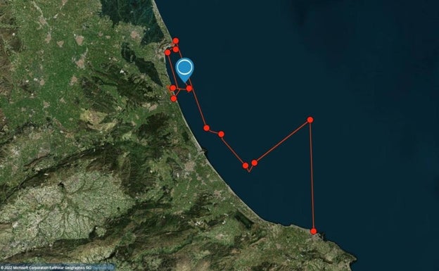 El recorrido realizado por la tortuga desde su suelta en la playa del Raset. 