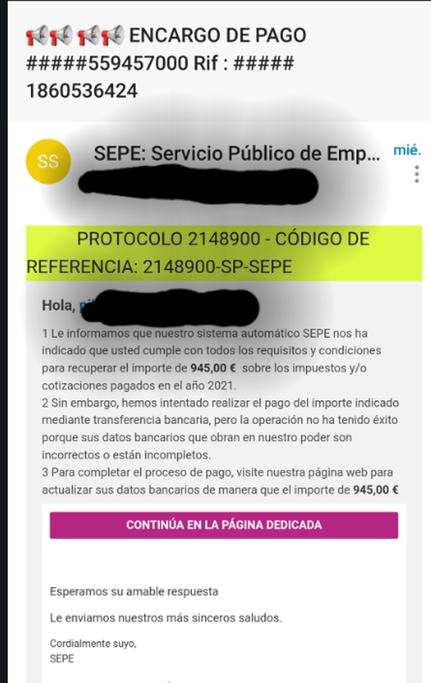 Mensaje que están recibiendo usuarios del SEPE. 