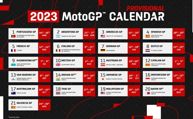 Calendario provisional del Mundial de MotoGP de 2023. 