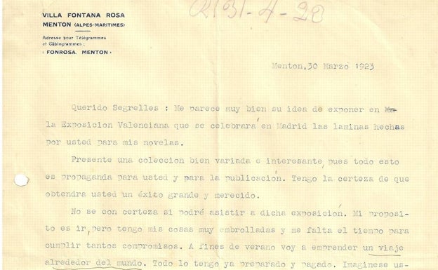 Carta de Blasco a Segrelles en la que hablan de una exposición. 