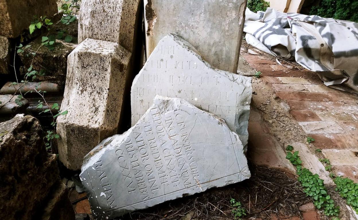 Inscripción de piedra guardada en el almacén municipal, junto a vegetación. 