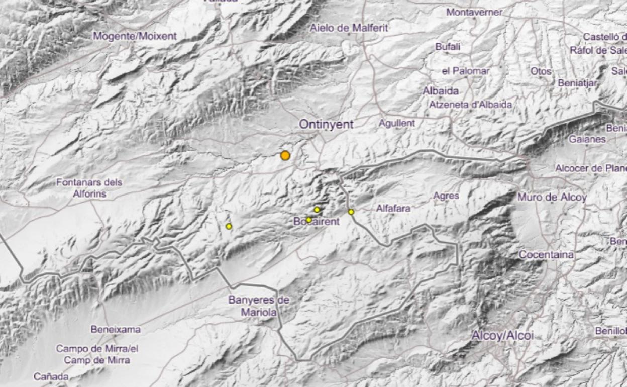 Epicentros de los cinco terremotos que se han registrado entre Bocairent y Ontinyent. 