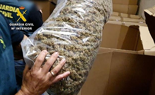 Un agente de la Guardia Civil muestra uno de los sacos con la marihuana envasada. 