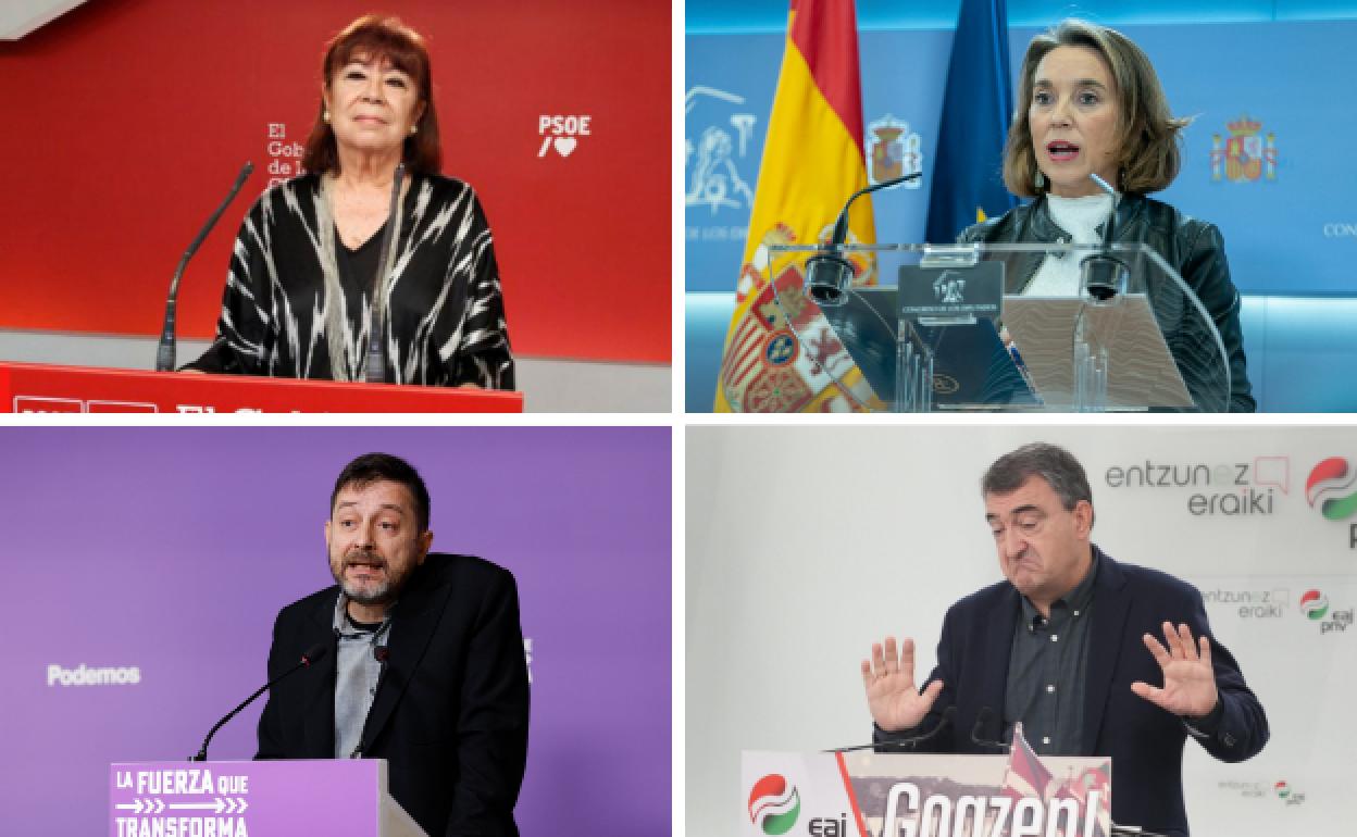 De izquierda a derecha y de arriba a abajo, Cristina Narbona (PSOE), Cuca Gamarra (PP), Rafael Mayoral (Podemos) y Aitor Esteban (PNV). 