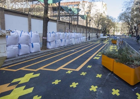 Imagen secundaria 1 - Cruces para marcar la zona peatonal, líneas naranjas y maceteros y árbol plantado en el cruce de Palleter con Calixto III. 