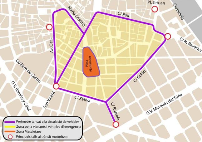 Mapa con las calles cortadas durante la mascletà.