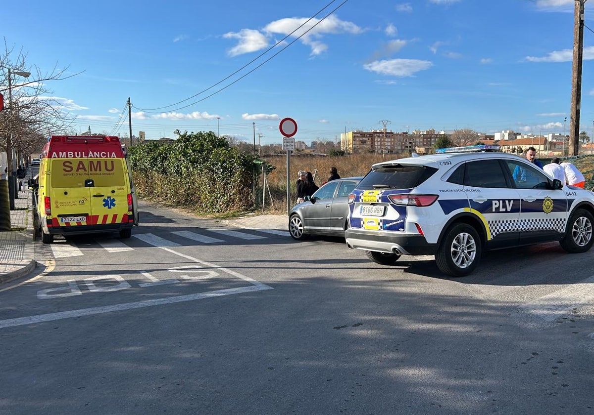 Una ambulancia y un coche de la Policía Local junto al paso de peatones donde ha ocurrido el accidente.