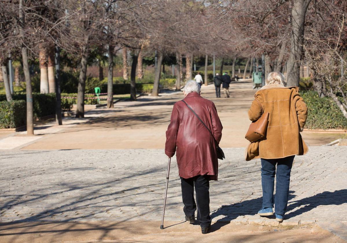 Una pareja de ancianos pasea tranquilamente por el parque. Imagen de archivo