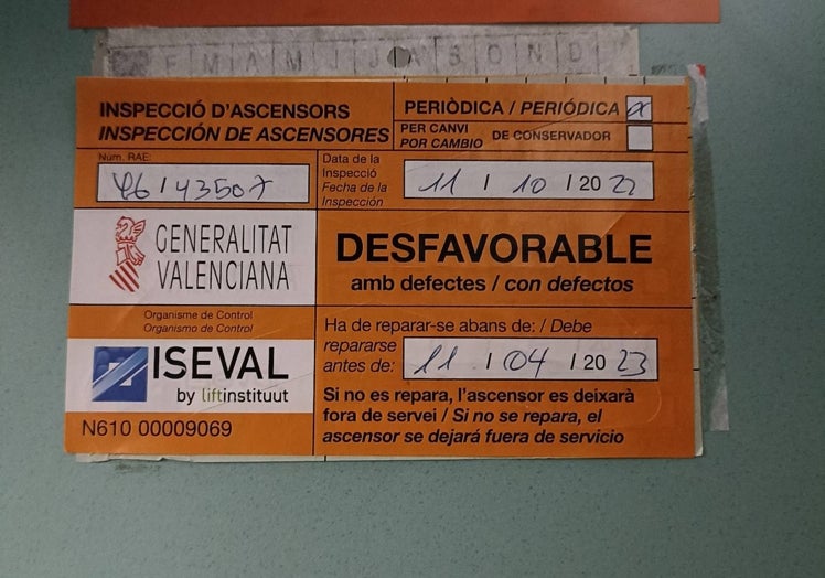 Inspección con defectos graves en un ascensor de Valencia.