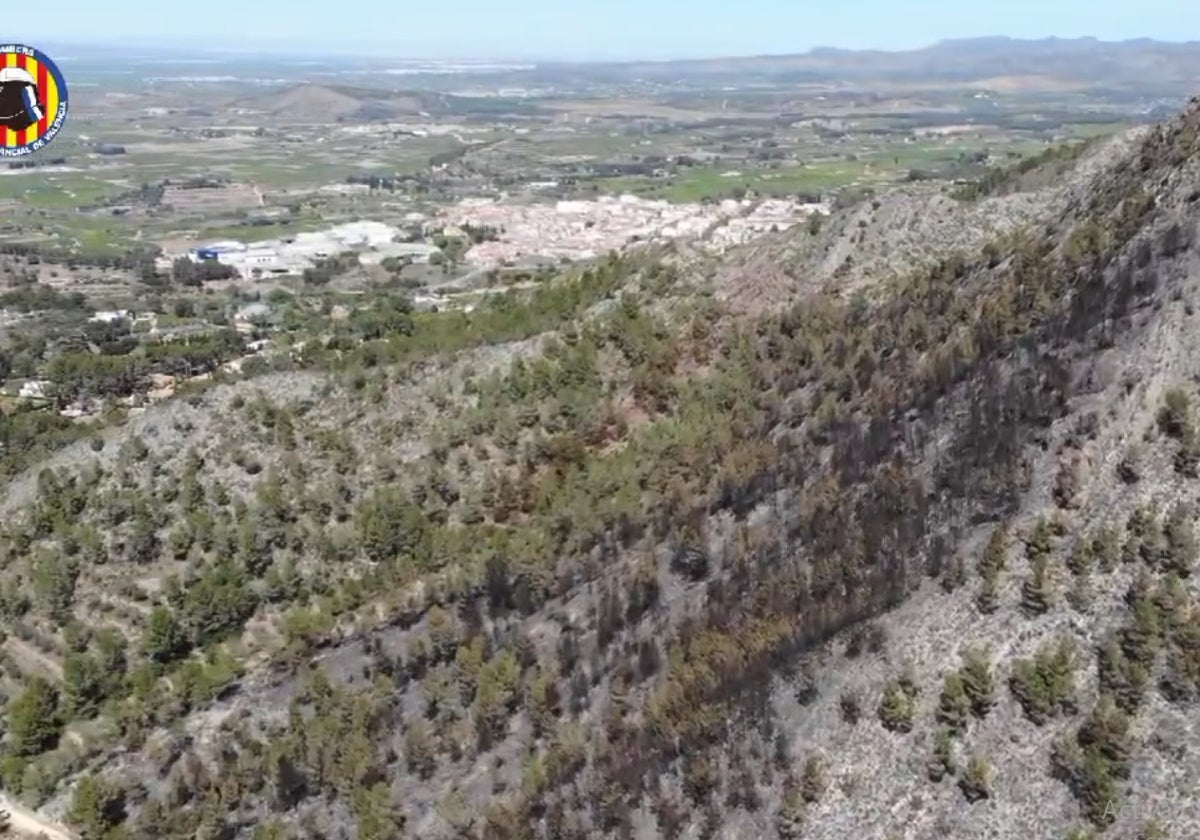 Vista aérea de la zona afectada por el incendio en Genovés.