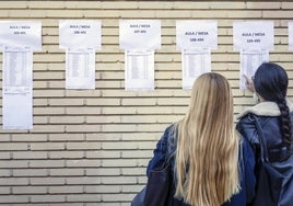 Dos estudiantes consultan la ubicación para realizar el examen que permite optar a una plaza MIR.