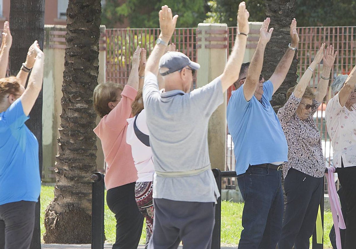 Unos mayores practicando deporte en un parque de Valencia.