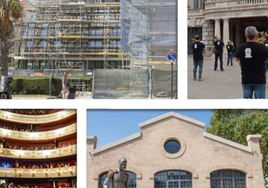 Arriba, el Palau de la Música y la Banda Municipal de Valencia. Abajo, el teatro Principal y la Nave Ribes, un escenario temporal del Escalante.