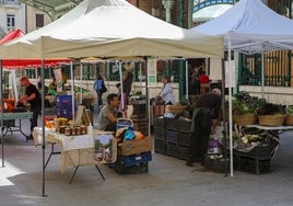 Puestos agrícolas situados junto al Mercado de Colón de Valencia, este martes, con sólo cinco paradas.