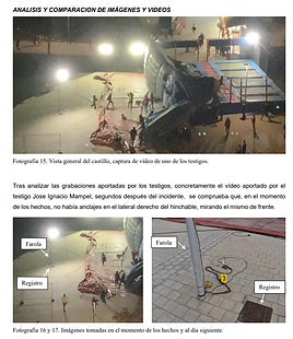 Informe fotográfico de la pericial en la que no se aprecia ni rastro de anclajes en la farola situada más a la izquierda de la atracción; tras el accidente sí aparecieron cuerdas atadas.